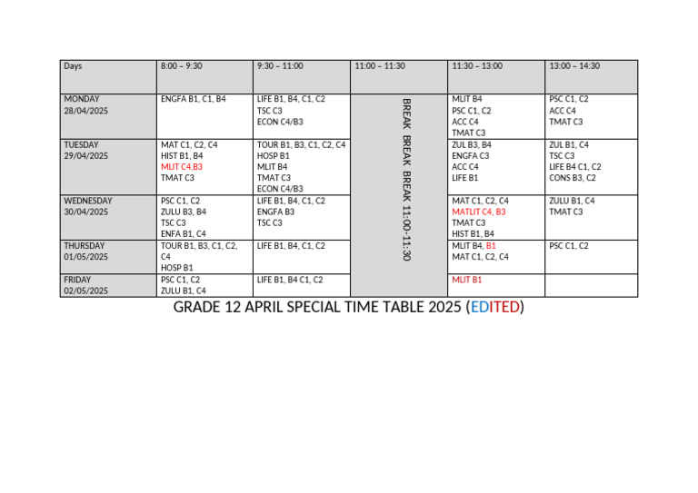 Grade 12 April 2025 Timetable | PDF