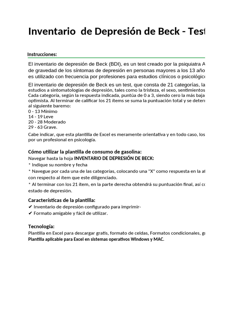 Inventario de Depresión de Beck: Test y Guía | PDF | Depresión (estado ...