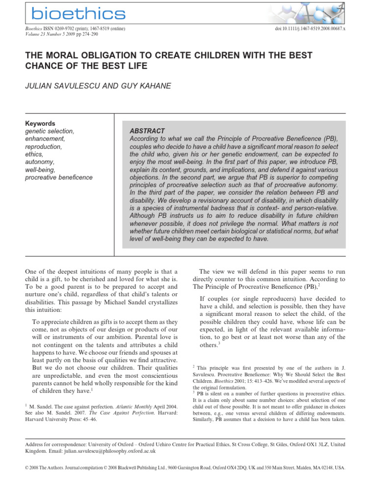 Procreative Beneﬁcence: Ethical Child Selection | PDF