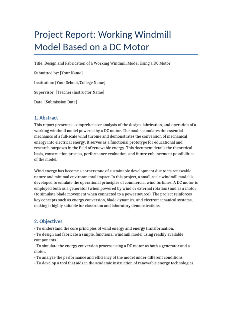 Working Windmill Model Project Report | PDF | Electric Motor | Electric ...