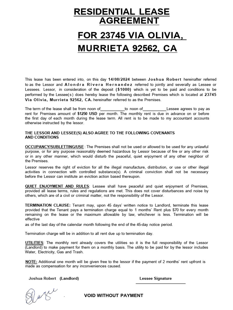 Residental Lease Agreement CA 1 | PDF | Lease | Civil Law (Common Law)