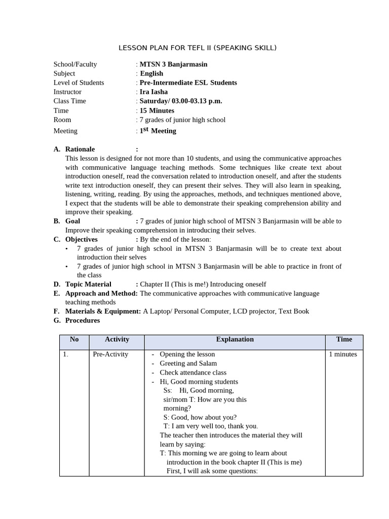 TEFL II Lesson Plan: Self-Introduction | PDF | Teaching Method ...