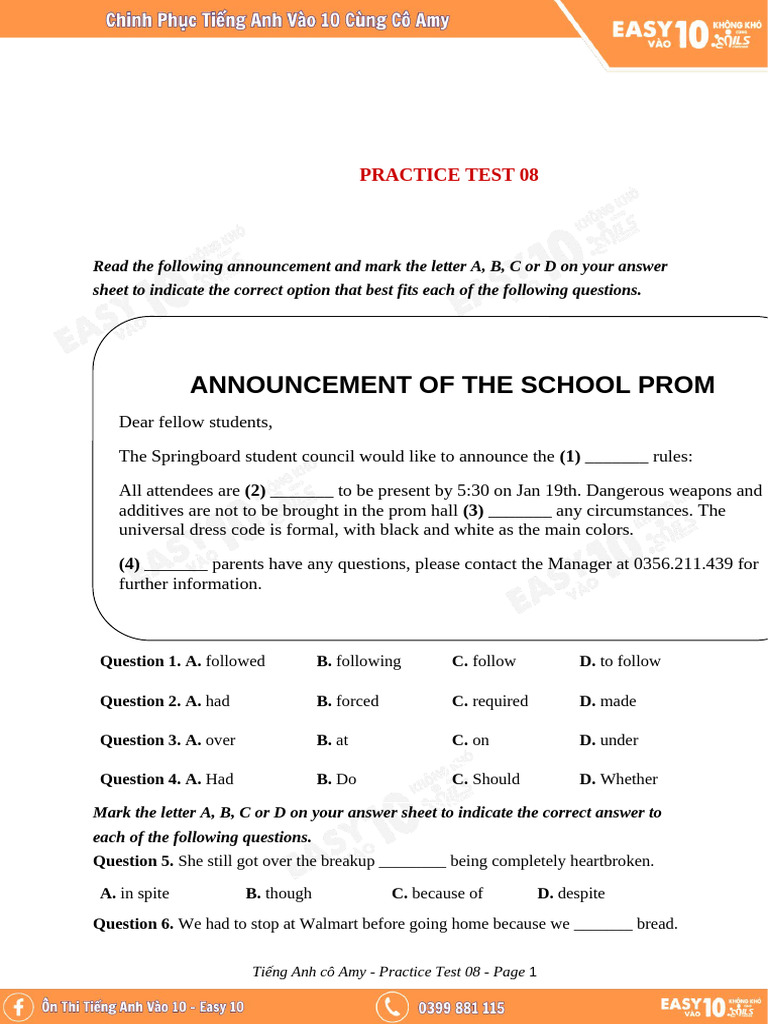 English Practice Test 08 | PDF | Vietnam