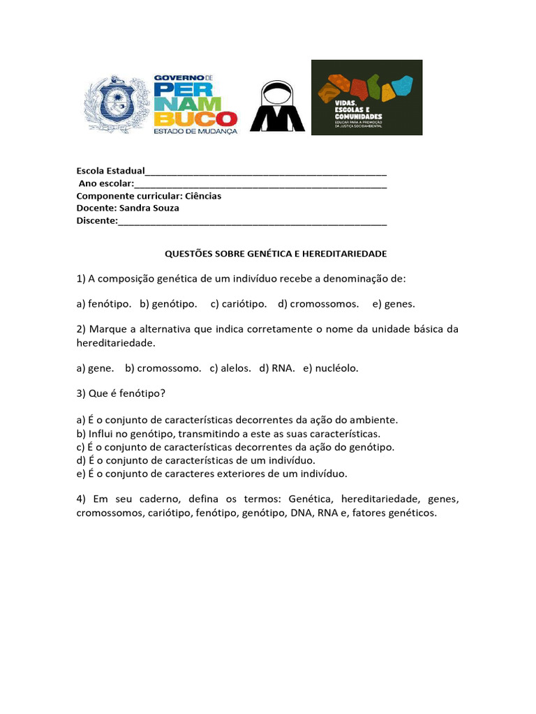 Questões Sobre Genética e Hereditariedade 9 Ano - 1 | PDF