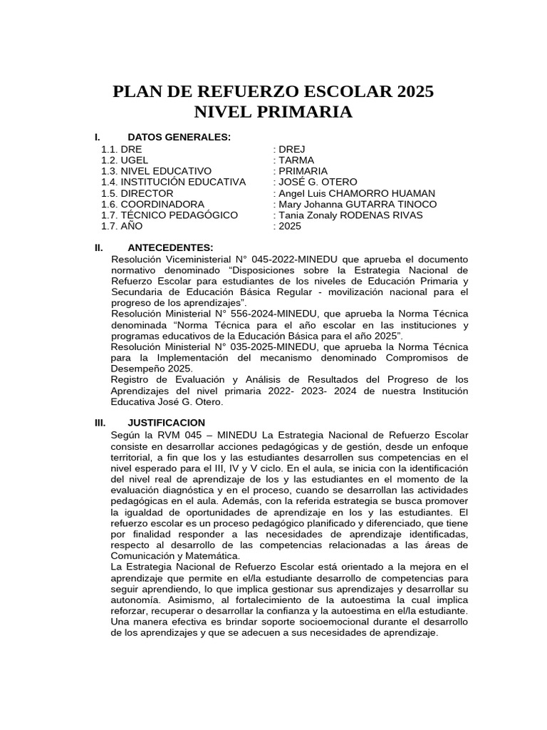 Plan de Refuerzo Escolar 2025 Primaria | PDF | Evaluación | Aprendizaje