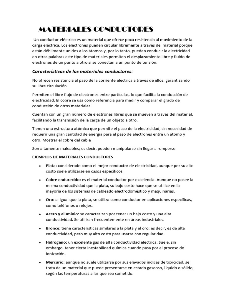 Materiales Conductores de Electricidad | PDF | Conductor electrico ...