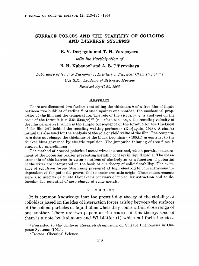 Surface Forces and The Stability of Colloids | PDF | Force | Liquids