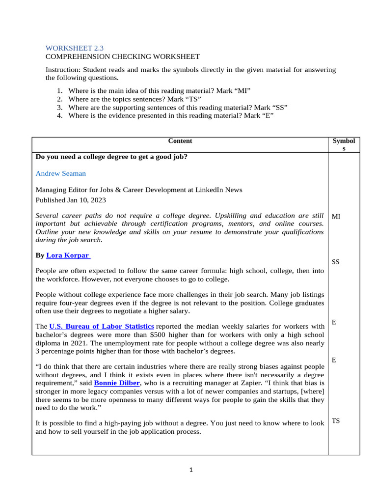 Worksheet 1.3 - tài Liệu 1 | PDF | Academic Degree | Cognition