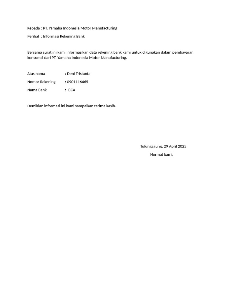 Informasi Rekening Bank Deni Tristanta | PDF