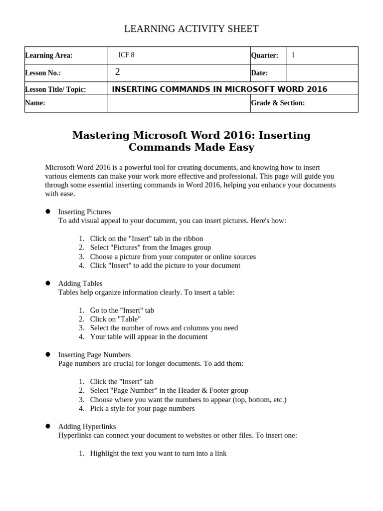 Inserting Commands in Word 2016 Guide | PDF | Hyperlink | Microsoft Word