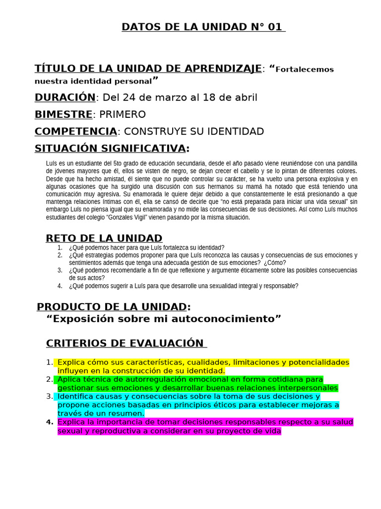 Datos de La Unidad de Aprendizaje #01 | PDF