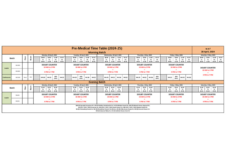 Pre-Medical Time Table 2024-25 | PDF