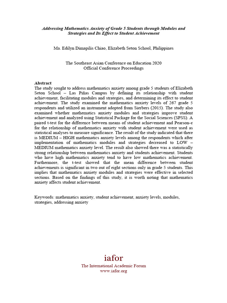 Reducing Math Anxiety in Grade 5 Students | PDF | Anxiety | Mathematics