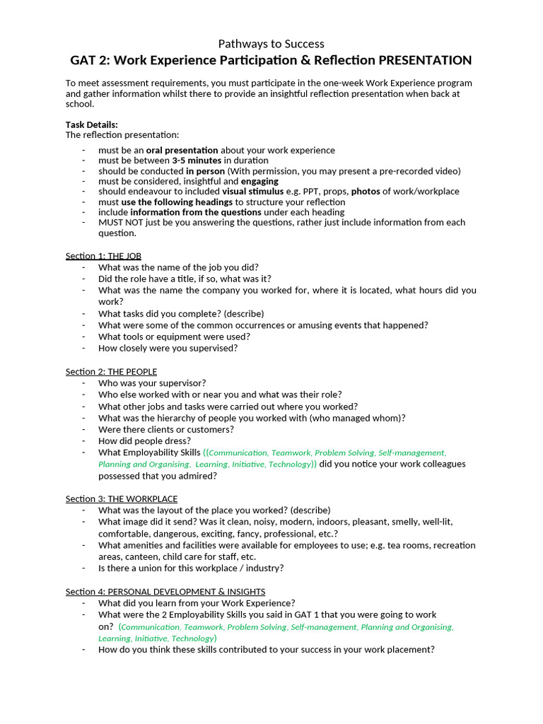 GAT 2 - TASK RUBRIC Work Experience Participation and Reflection ...
