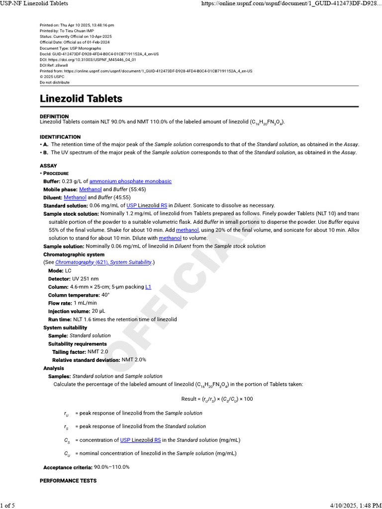 Linezolid USP Monograph Overview | PDF | Phosphate Buffered Saline | Ph