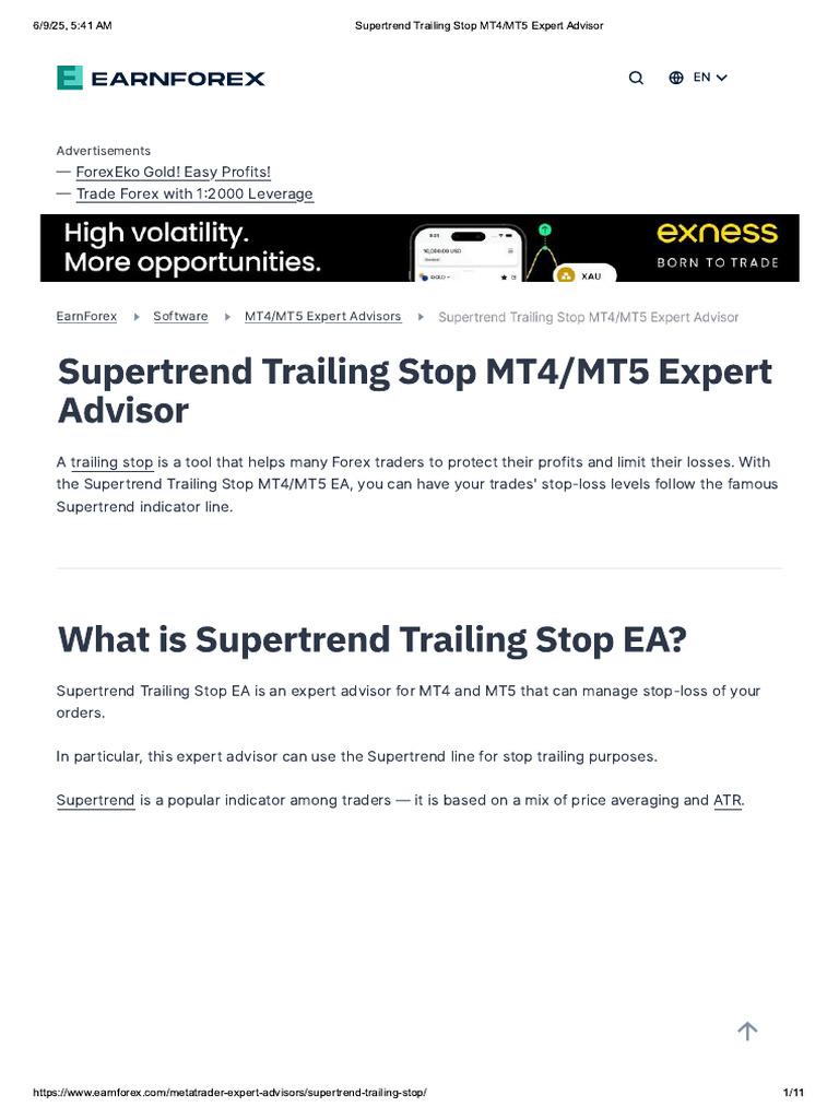 Supertrend Trailing Stop MT4 - MT5 Expert Advisor | PDF