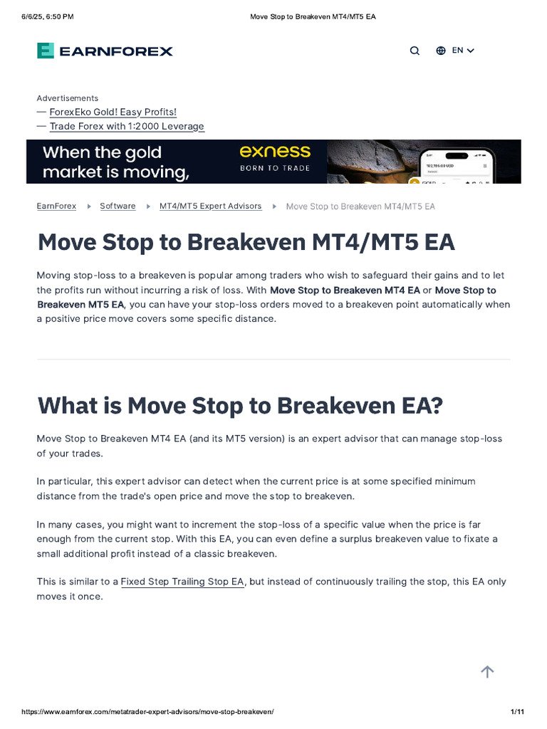Move Stop To Breakeven MT4 - MT5 EA | PDF