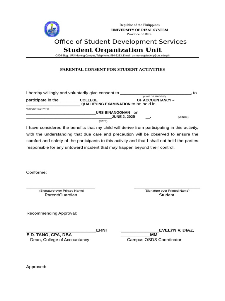 Parental Consent for Student Activities | PDF