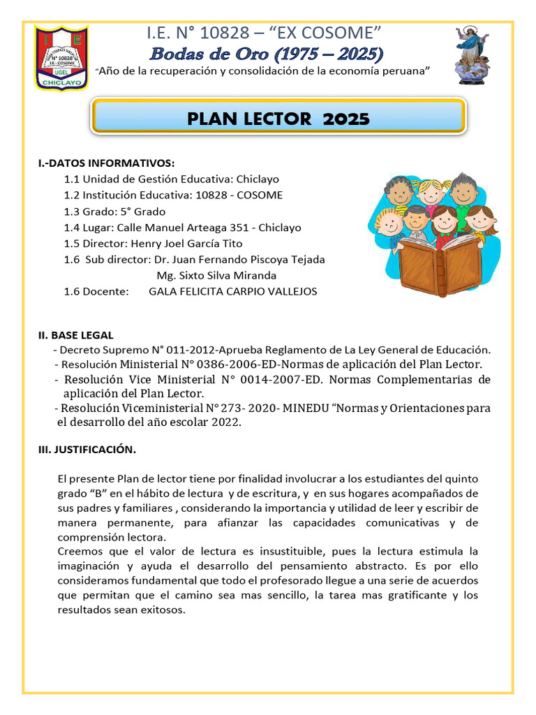 Plan de Lector Quinto Grado | PDF | Salón de clases | Maestros