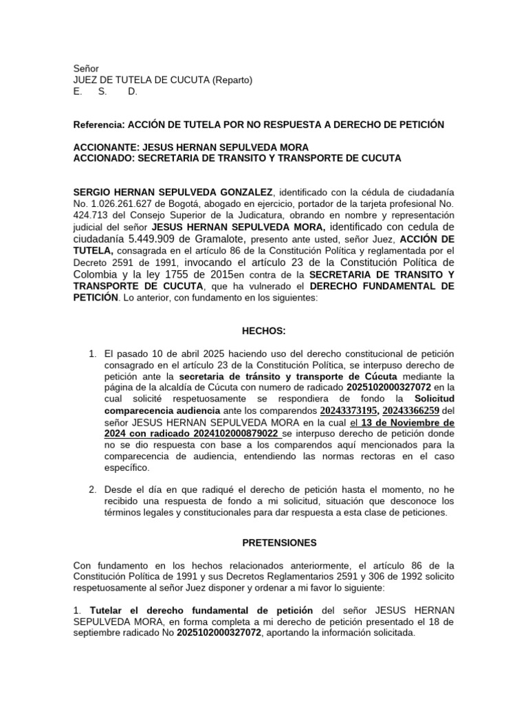Tutela por Falta de Respuesta a Petición | PDF | Petición | Caso de ley