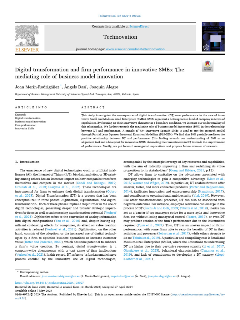 Digital Transformation and Firm Performance in Innovative SMEs - The ...