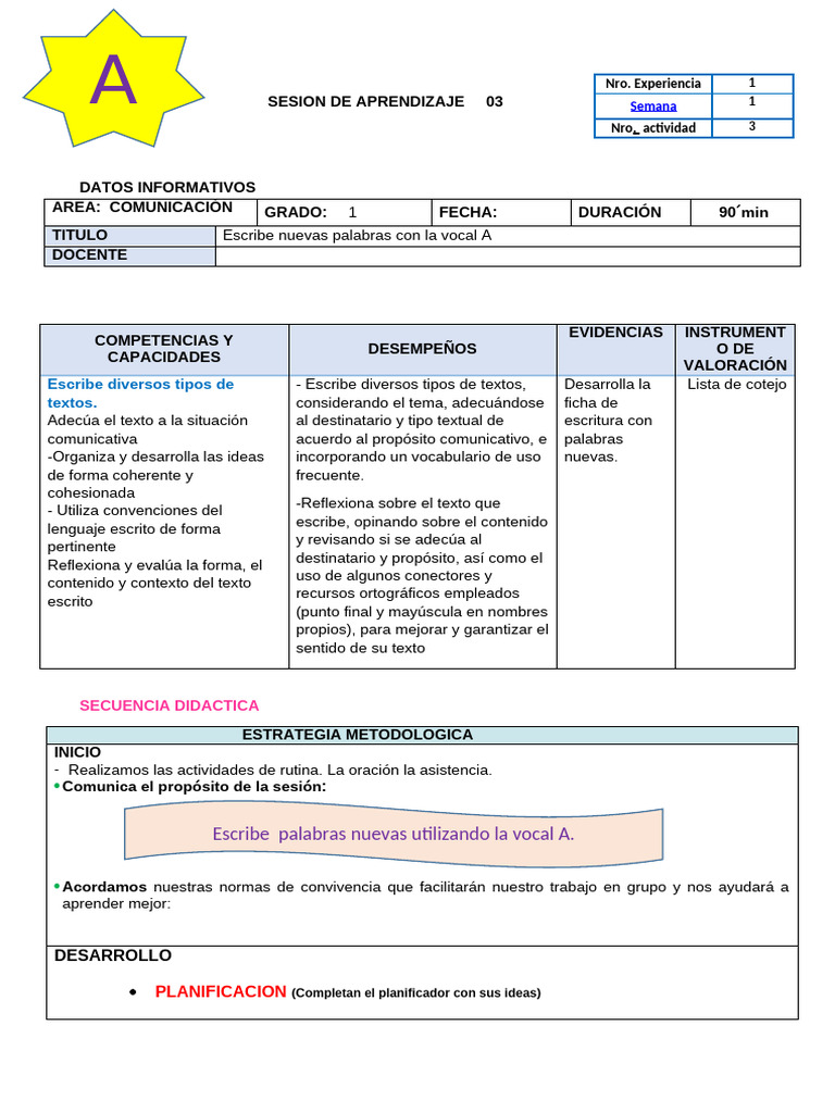 Nuevas Palabras con Vocal A en 1° Grado | PDF | Cognición ...