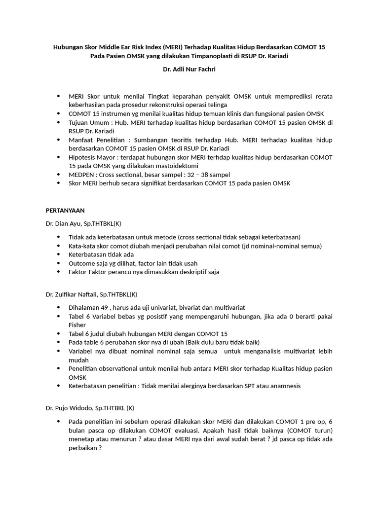 NOTULEN TESIS Dr. ARI Hubungan Skor Middle Ear Risk Index | PDF