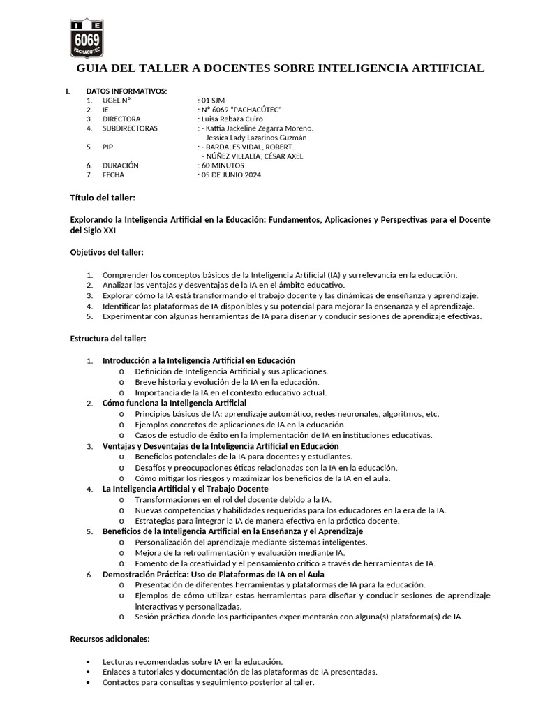 Taller sobre IA en Educación para Docentes | PDF | Inteligencia ...