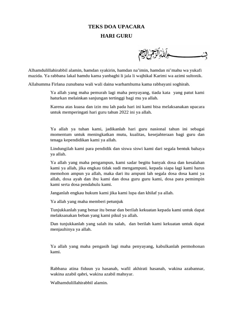 Doa Upacara Hari Guru Nasional 2022 | PDF