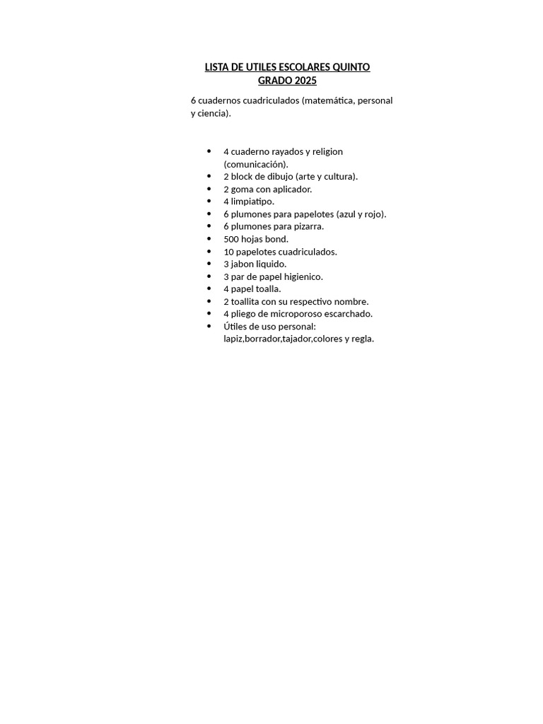 Lista de Utiles Escolares Quinto Grado 2025 | PDF