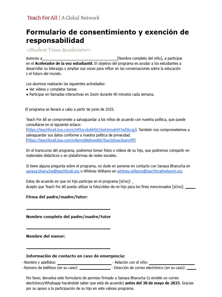 Spanish Parental Guardian Consent and Release of Claims Agreement TFALL ...
