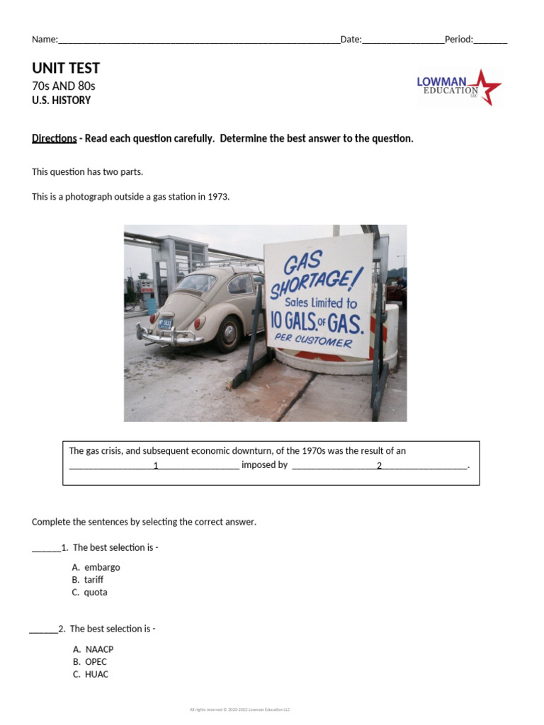 10. 70s and 80s. Unit Test. SS. U.S. History | PDF | 1973 Oil Crisis ...