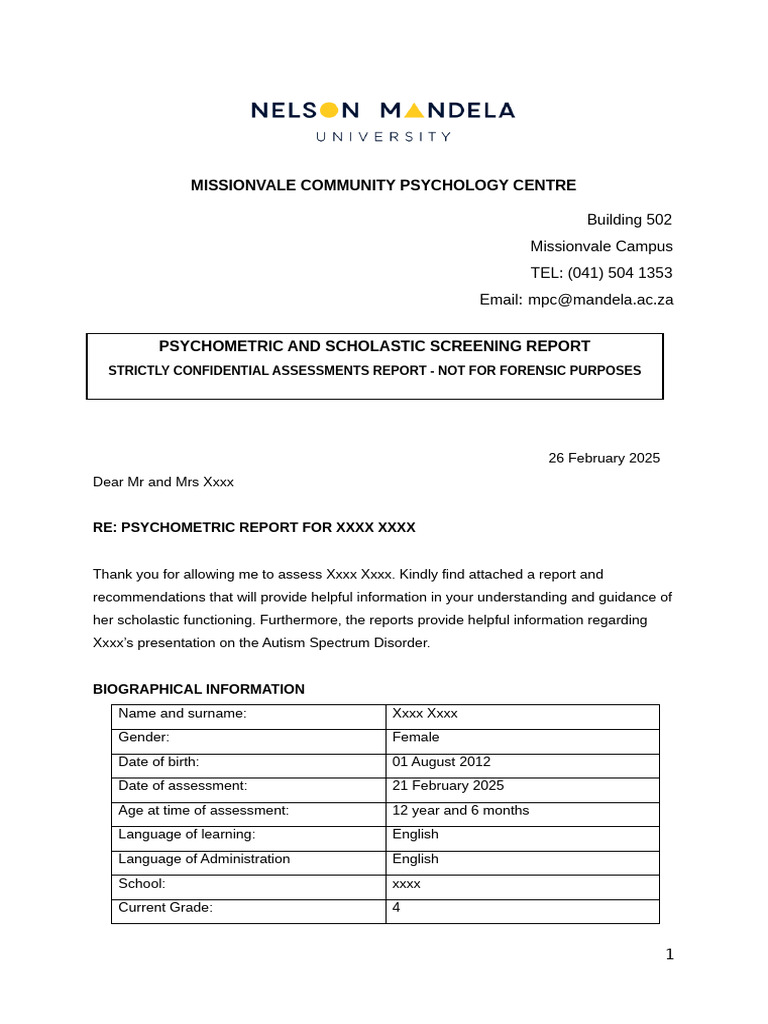 Psychometric Report for Autism Assessment | PDF | Wechsler Adult ...