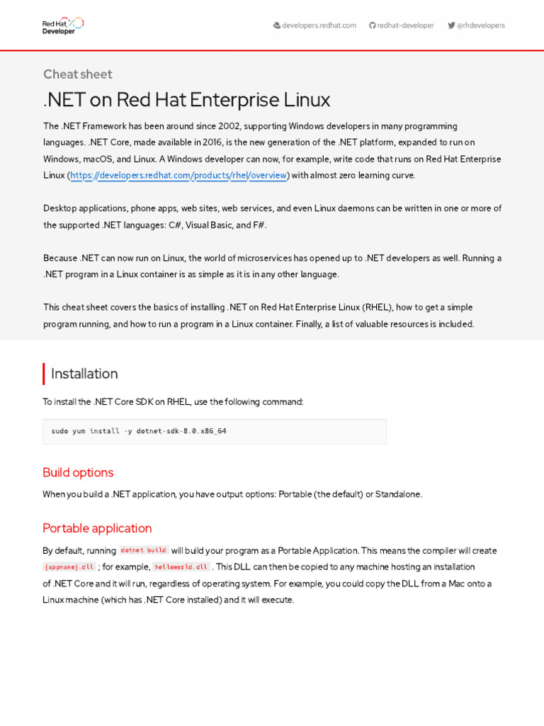 DOTNET On Red Hat Enterprise Linux Cheat Sheet Developer2 | PDF ...