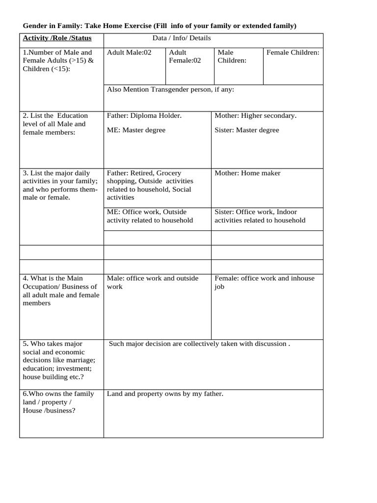 Gender in Family Exercise | PDF