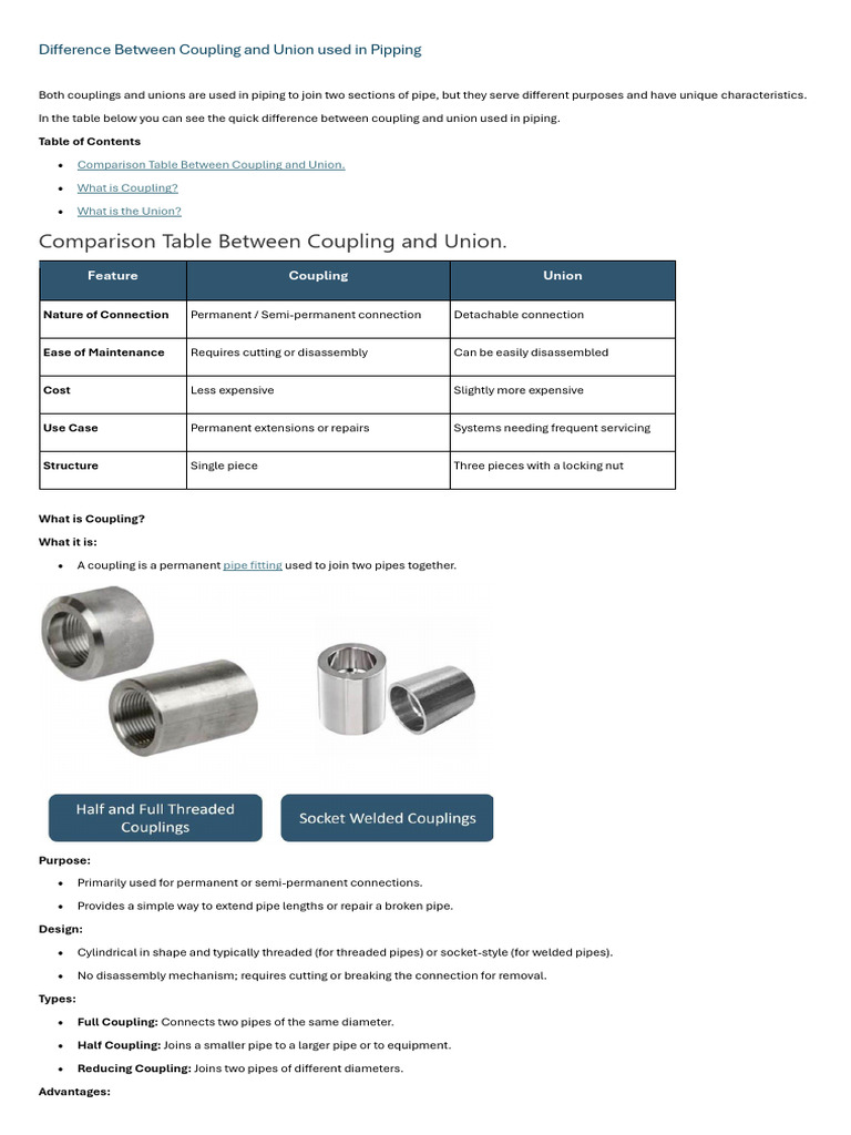 Difference Between Coupling and Union Used in Pipping - Merged | PDF ...