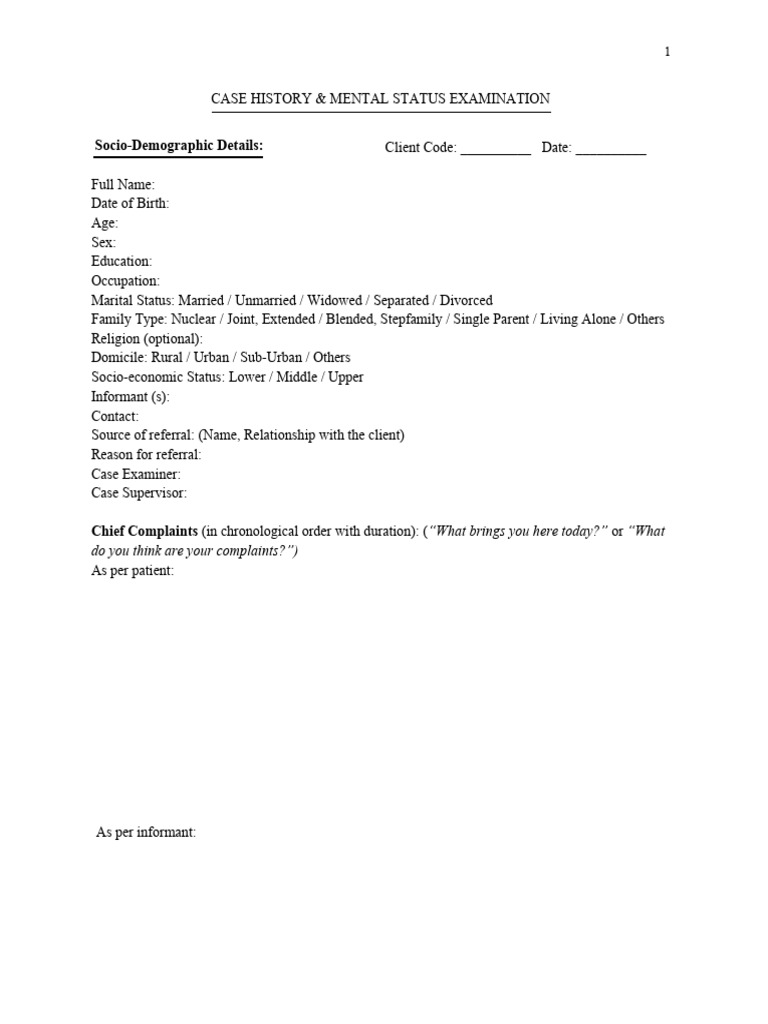 Mental Health Case History Template | PDF | Mental Disorder | Anxiety