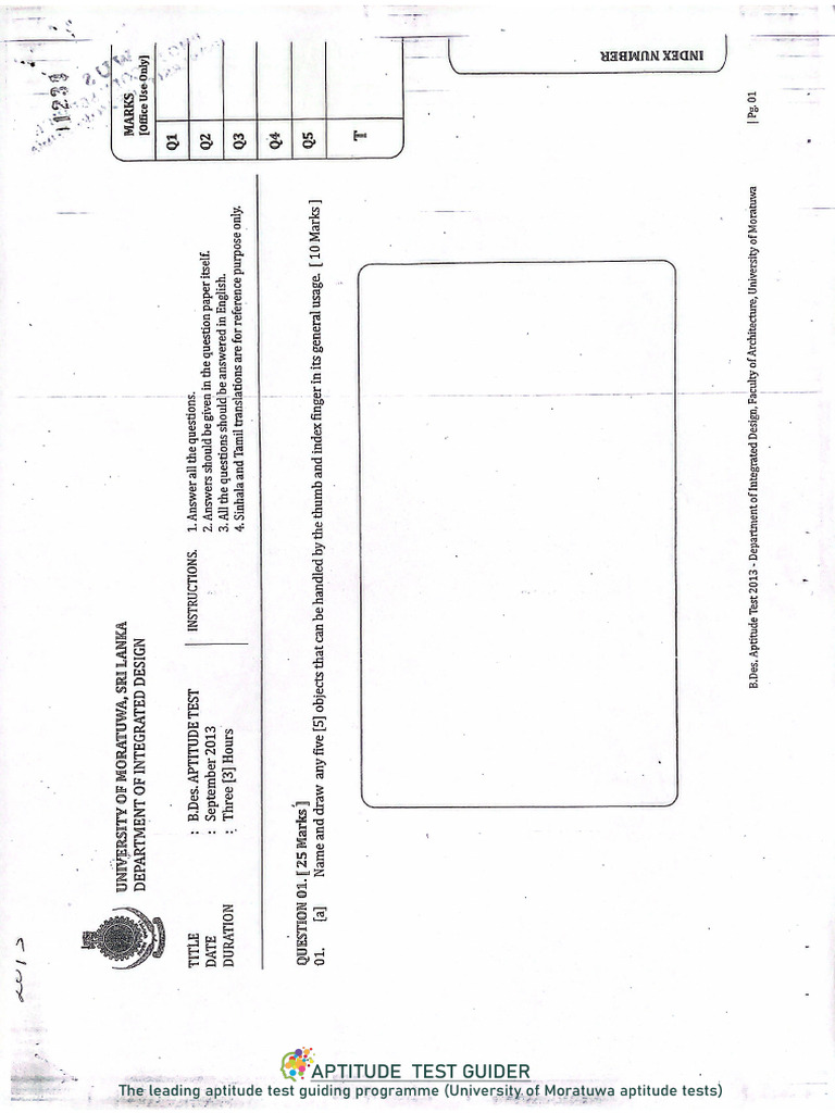 Year 2013 Design Aptitude Test Past Paper University of Moratuwa | PDF