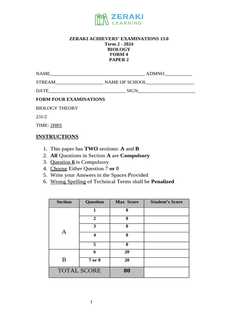 Biology - Paper 2 - Question Paper | PDF | Biology | Genotype