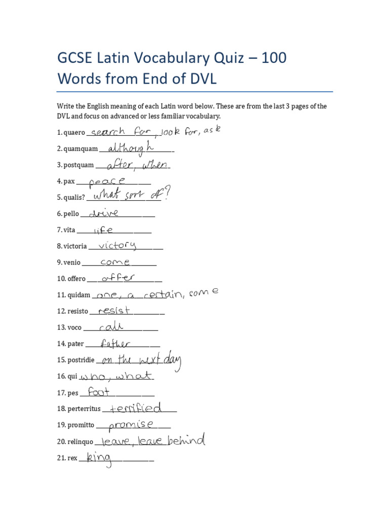 GCSE Latin Vocabulary Quiz: DVL Words | PDF