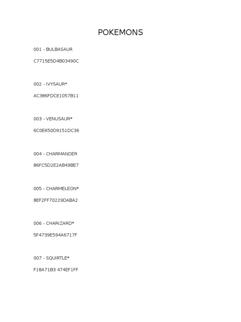 Complete Pokémon List and Codes | PDF | Nintendo Franchises | Series Of ...