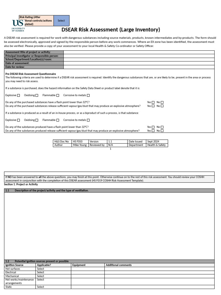 DSEAR Risk Assessment Template | PDF | Safety | Occupational Safety And ...