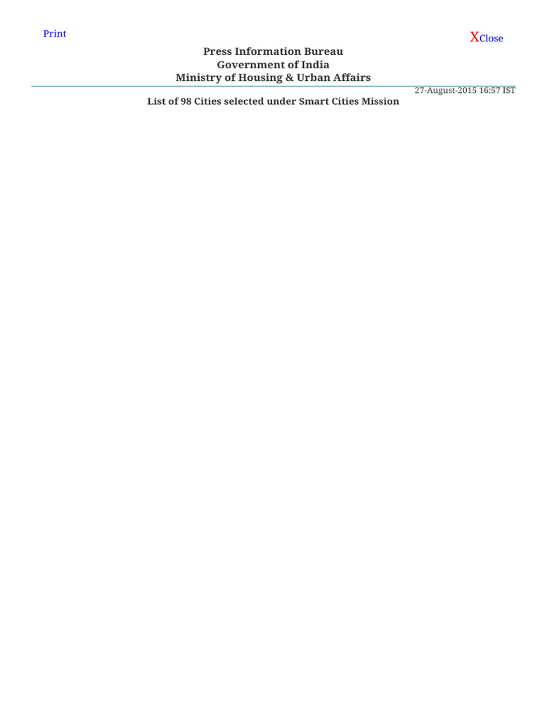 List of 98 Cities Selected Under Smart Cities Mission | PDF
