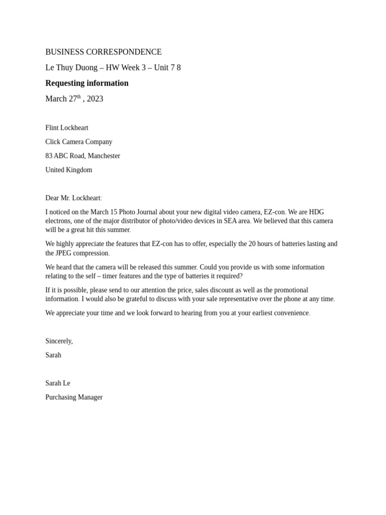 Business Correspondence on Camera Inquiry | PDF