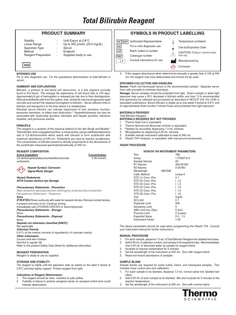 Total Bilirubin Serum Test Reagent | PDF | Blood Plasma