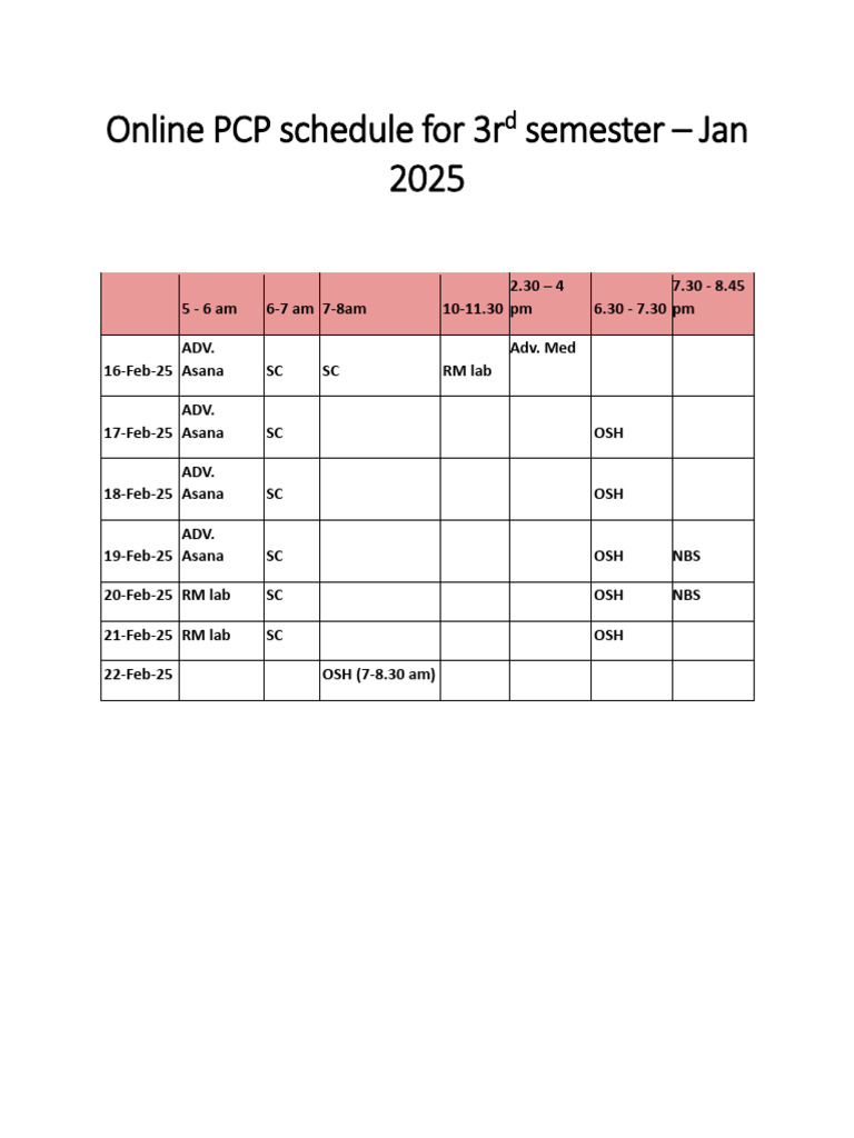 Online PCP Schedule For 3rd Semester | PDF