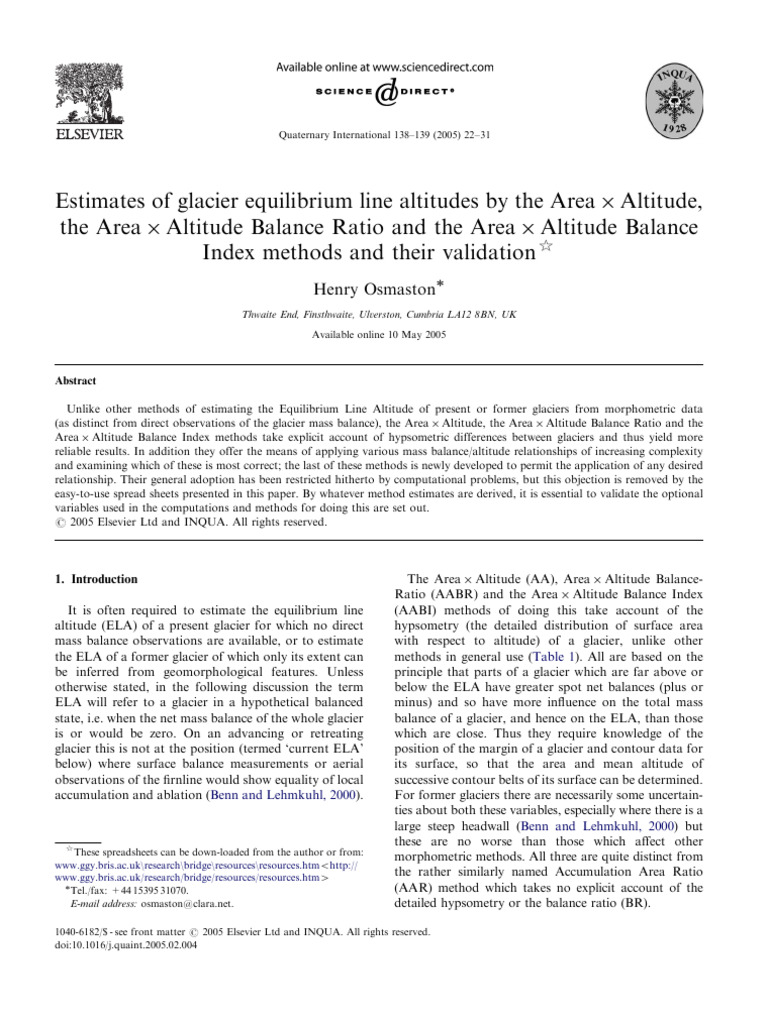 Osmaston 2005 Estimates of Glacier Equilibrium Line Altitudes by Aa ...