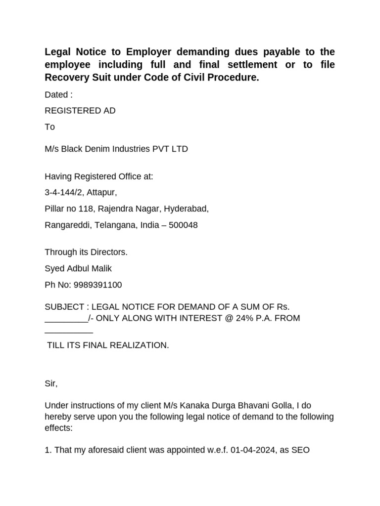 Legal Notice To Employer Demanding Dues Payable To The Employee ...