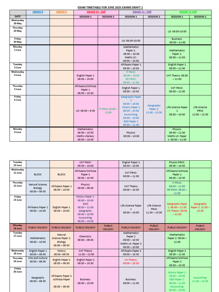 Exam Timetable For June 2025 Exams Draft 1: Grade 8 | PDF | Science ...
