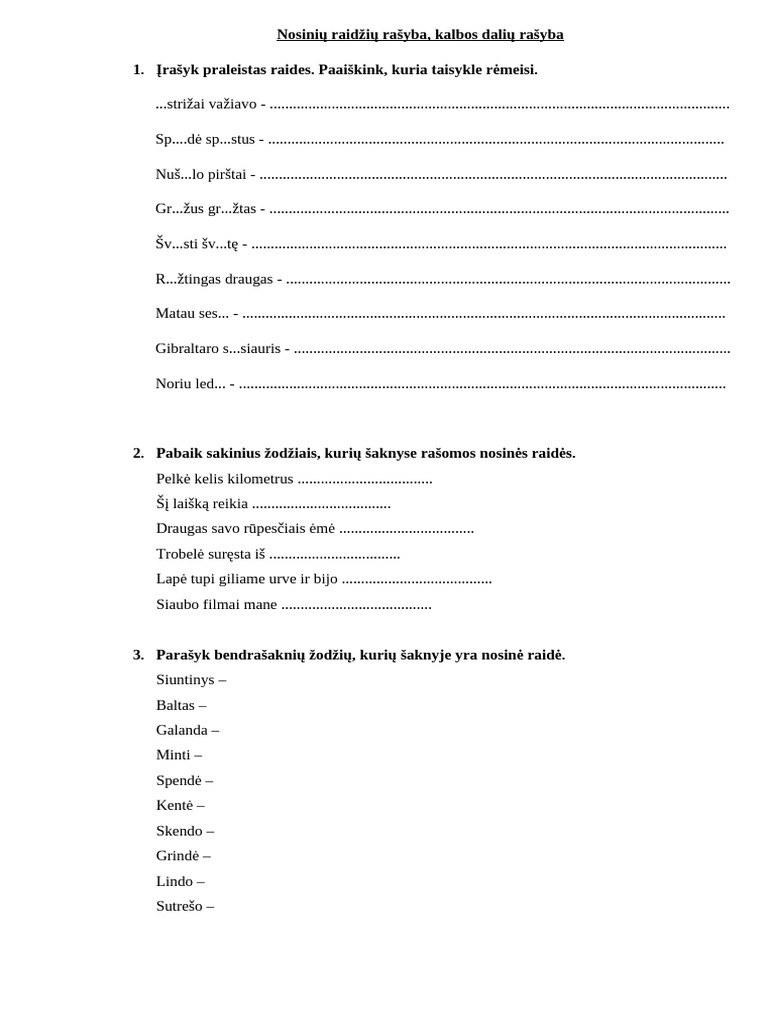 Nosinių Raidžių Rašyba. Užduotys | PDF
